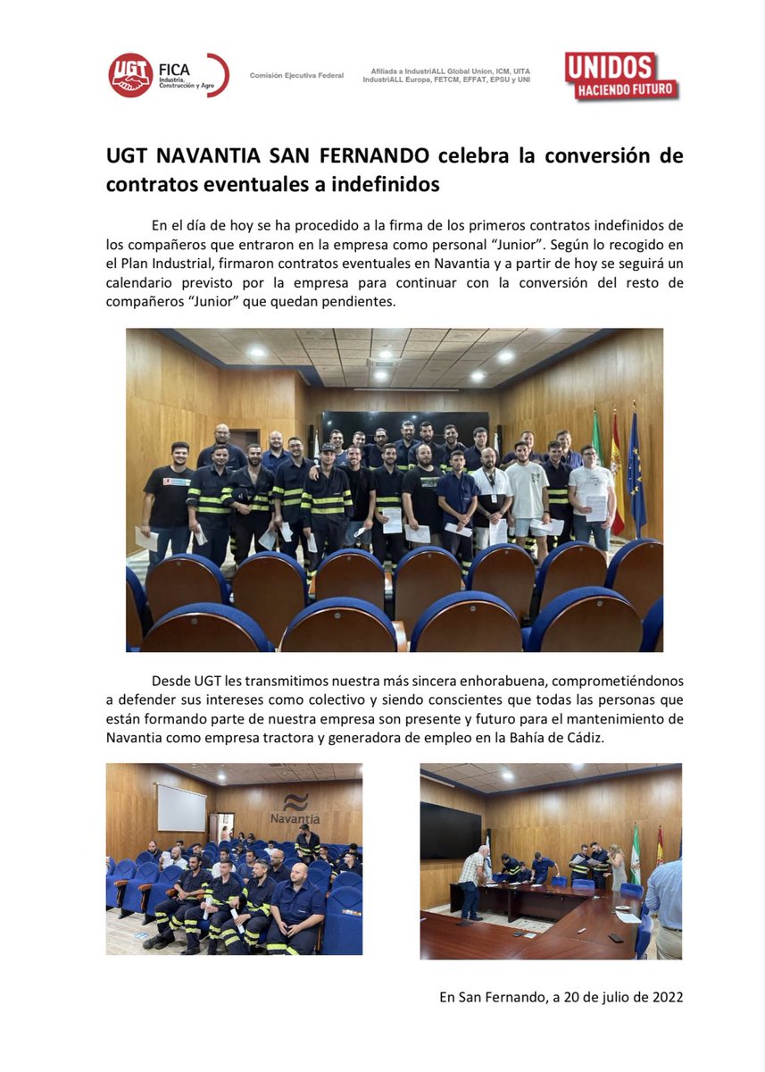 Ugt navantia San Fernando celebra la conversión de contratos eventuales a indefinidos