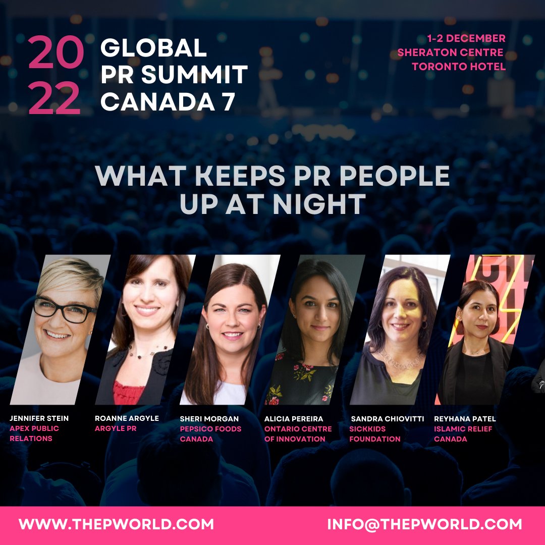 ThePWorld's tweet photo. Join us at the Global PR Summit Canada 7 in #Toronto and hear from Jennifer Stein (@APEXPR), @RoanneA, @sherster, @thatgirlapp, @SandraChiovitti &amp; @ReyhanaPatel on the challenges that are dominating the Canadian #PR industry. 
More info about the Summit
👇
https://t.co/EdVD8h5TPg https://t.co/nBd4KSnvDR