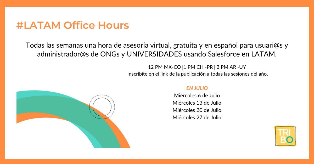 ¡Asesorías #gratuitas en #Salesforce y en #español todas las semanas! #Tribo Inscribte aquí para todas las sesiones del año--> bit.ly/3hESJV6
#trailblazers #ongs <a href="/SalesforceOrg/">Salesforce.org</a>