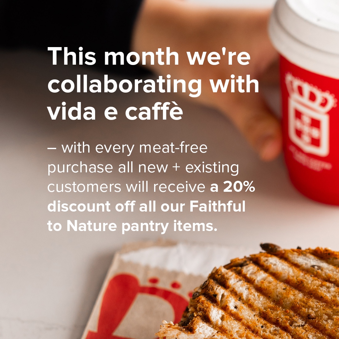 Shop the vida e caffè meat free menu this month&amp;we’ll send you a 20% discount voucher off your next FtN pantry shop!
Step 1: Download the vida e caffè app 
Step 2.: Purchase&amp;select ‘PAY&amp;EARN’ on the vida e caffè app.
Step 3: Select ‘LINKED CARD’ or ‘LOYALTY’