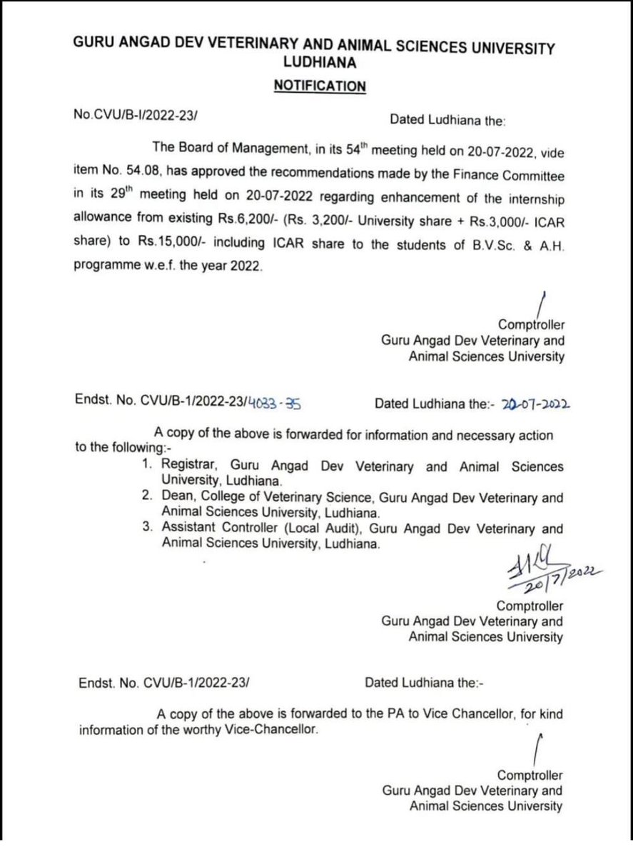 Congratulations to all GADVASU Vet's for ur increment in ug intern stipend from 6500 to 15000. You all are fully deserved for this bcz ur effort and hard work for this is commendable.👏👏
#GadvasuVetUnion
<a href="/GadvasuVetUnion/">Veterinary_Students_Union_Gadvasu</a> <a href="/PAU_LDH/">Punjab Agricultural University Ludhiana</a> @PunjabGovtIndia <a href="/BhagwantMann/">Bhagwant Mann</a> <a href="/Jashansingh09/">Jashandeep singh</a>
