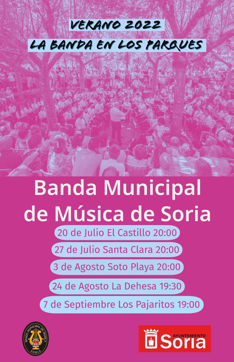 soriaesradio's tweet photo. 🎼🎼🎼 AGENDA: Hoy miércoles concierto Verano 2022 de la @SoriaBanda. A las 20,00 horas, en el Parque de “El Castillo”. @Ayto_Soria 👇 https://t.co/MNLznGAoM4