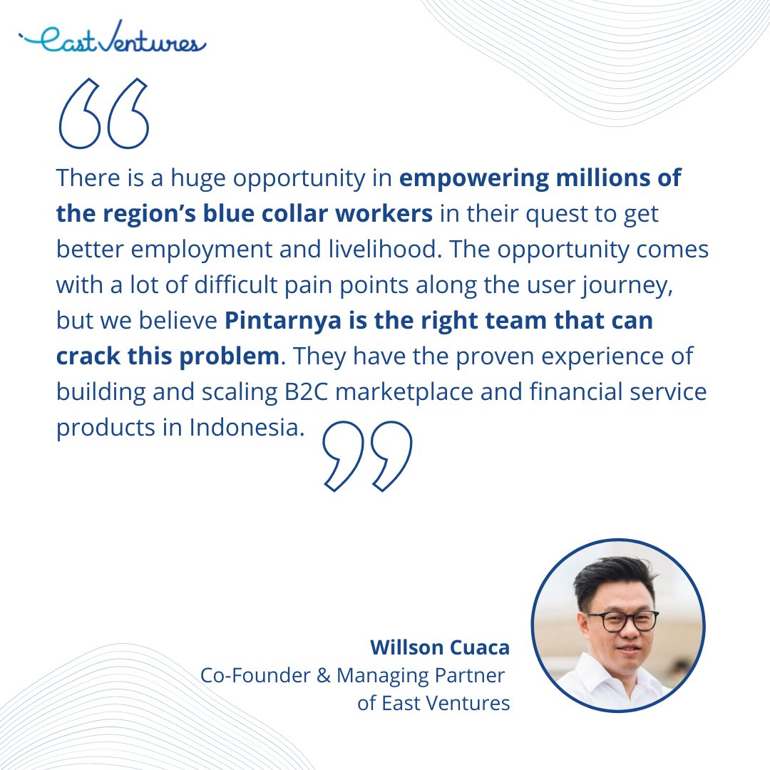 eastventures's tweet photo. Willson Cuaca (@willsoncuaca), Co-Founder and Managing Partner of East Ventures, shared his thoughts on Pintarnya's funding news.
Read more: https://t.co/cbCINNgpqc
#EastVentures #Pintarnya https://t.co/XYQm89DvT2