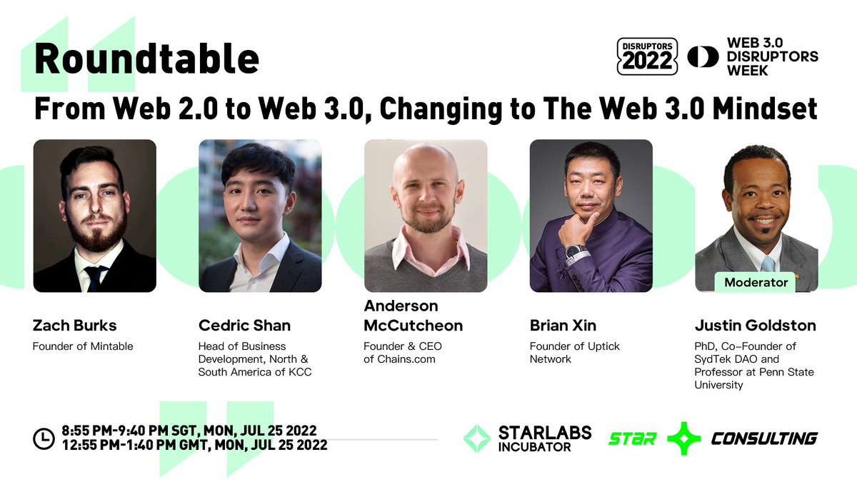 Starlabs_Incub's tweet photo. ✨Web3 Disruptors Week
Roundtable: From Web 2.0 to Web 3.0, Changing to the Web 3.0 Mindset
Businesses would operate in a new environment, which means a different mindset is a must. What does that mean?
@mintable_app @KCCOfficialTW @chains_com @uptickproject @phd_justin https://t.co/MsyBFLJGWY