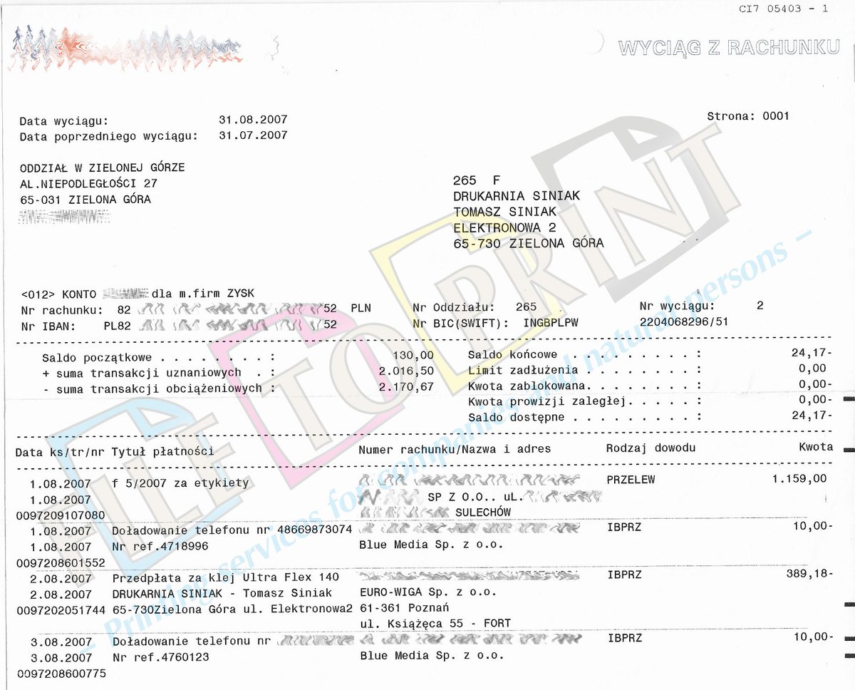 31082007 Kolejny dowód w sprawie rozpow. o mojej osobie/firmie nieprawdziwych informacji fragment wyciągu z konta firmy prowadzonej w #ZielonaGora w 2007. Pozdrawiam i polecam Euro-Wiga Poznań. FILE TO PRINT T.Siniak #filetoprint #tomaszsiniak #druk #poligrafia #Poznan #Warszawa