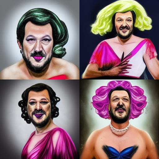 bknsty's tweet photo. sto provando @midjourney, l'IA che trasforma chiavi di ricerca in arte \ immagini e mi sta dando molte soddisfazioni. Prima ricerca: "Matteo Salvini as a drag queen" https://t.co/4RcwaVwDTx