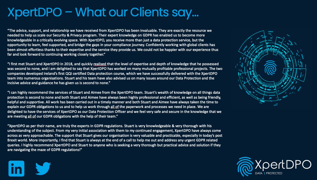 XpertDPO's tweet photo. Here's what some of our great clients say about @XpertDPO. If you need any assistance with your Information Security, #GDPR and #DataProtection worries, get in touch with us at https://t.co/BtUixF4R4O and we will be delighted to help you.
#GDPR #GDPRCompliance #OutsourcedDPO #DPO https://t.co/74sQq09jg2