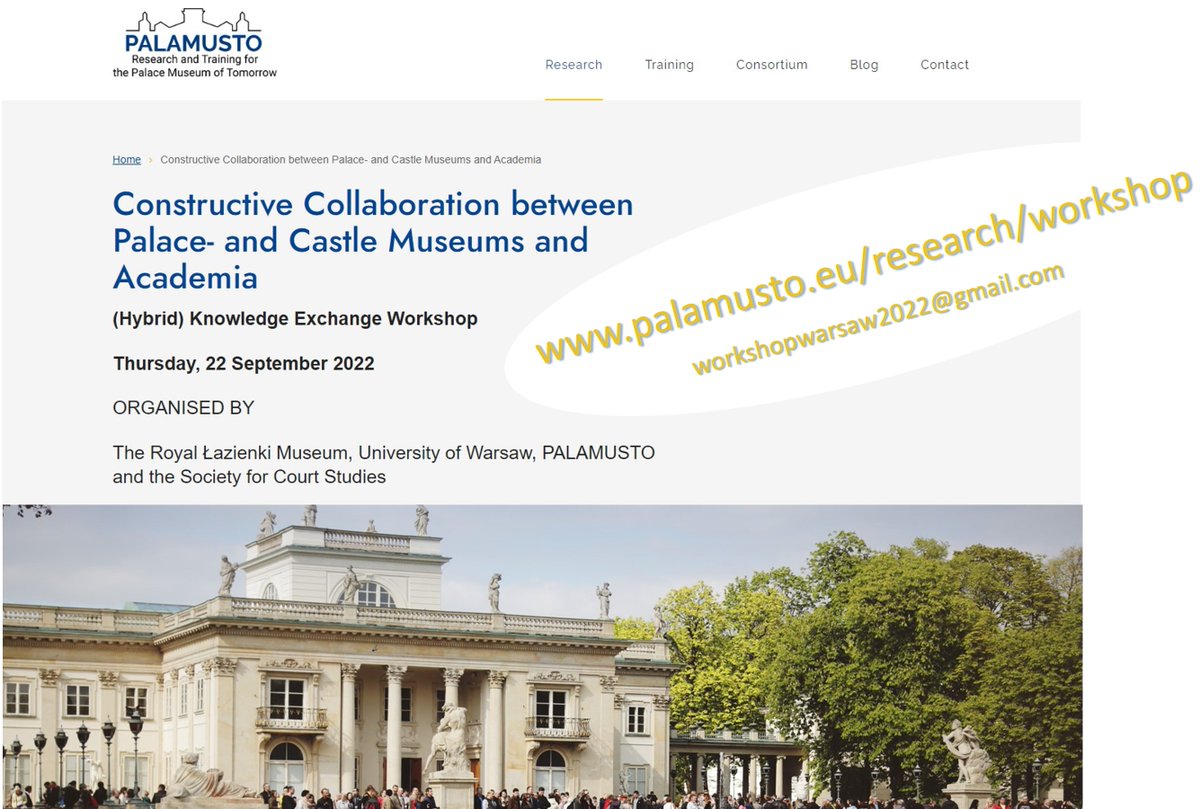 REMINDER: Today is the last day to register for the upcoming workshop (22 Sept.), “Constructive Collaboration between Palace- and Castle Museums and Academia”, co-organized with <a href="/muzeumlazienki/">Łazienki Królewskie</a>, <a href="/warsaw/">warsaw</a> Uni of Warsaw, &amp; <a href="/PALAMUSTO_ETN/">PALAMUSTO</a>. To register, visit: palamusto.eu/research/works…