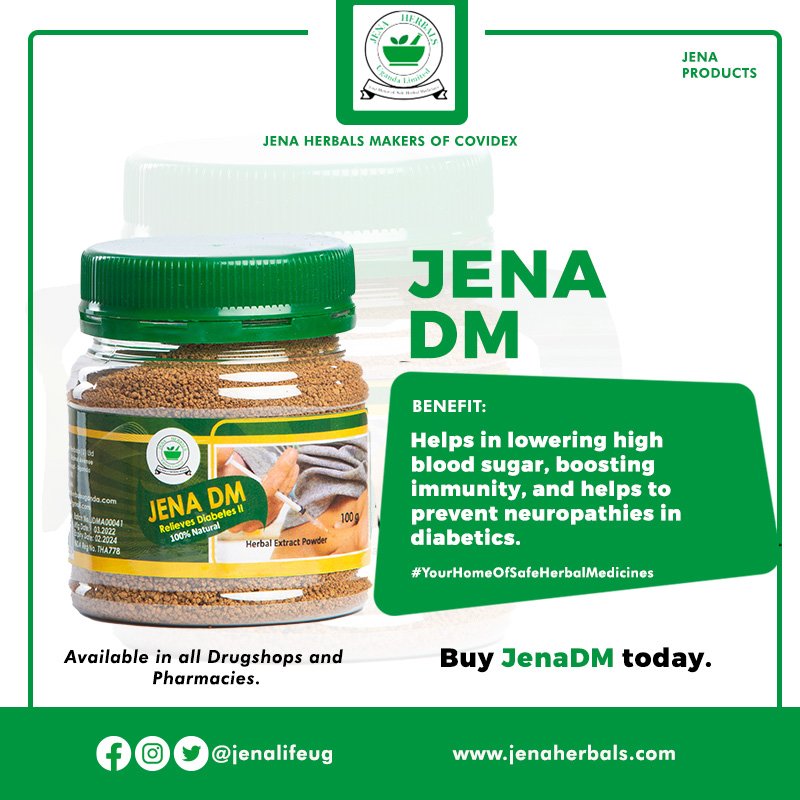 Don't let your high blood sugars rob you of your life? With Jena DM lower your sugar levels and boost your immunity too.

Buy one at your nearest Pharmacy or Drug Shop

#JenaDM #makersofCOVIDEX #JenaLifeUg #treesforlife #treesforhealth