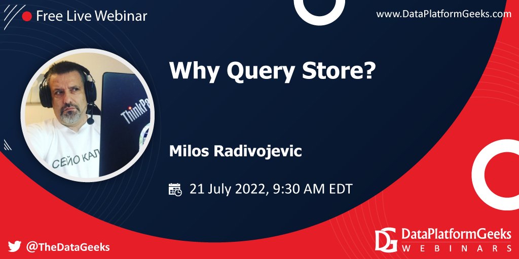 A_Bansal's tweet image. FREE webinar on &quot;Why Query Store?&quot; by Milos Radivojevic

July 21(Tomorrow), 09:30 AM (EDT).

Register now: bit.ly/DataPlatformGe…

RT to spread the word.

#QueryStore #SQLServer