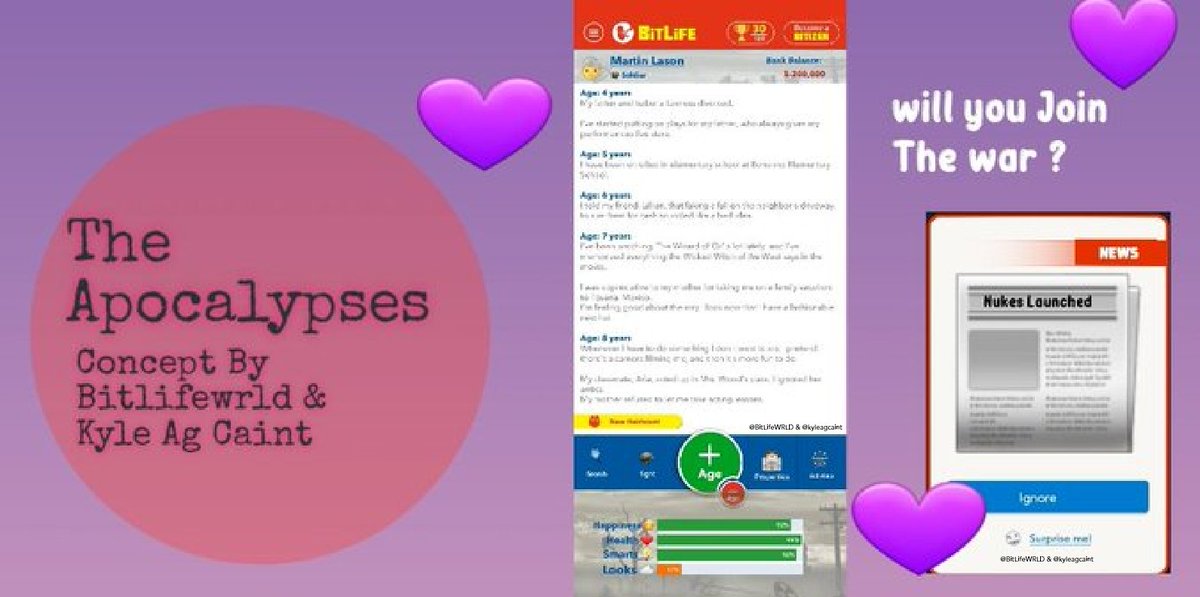 kaiswift13's tweet image. #WRLDcompilation: Apocalypse Concept (feat. @kyleagcaint)!

• Fight for your country in nuclear wars! 💣
•Scavenge for goods!
•Build Bunkers 🏚
•Riot ⛏🪧
Find out what it takes to live in the Apocalypse... will you survive?

Tag @BitLifeApp so they notice our content!