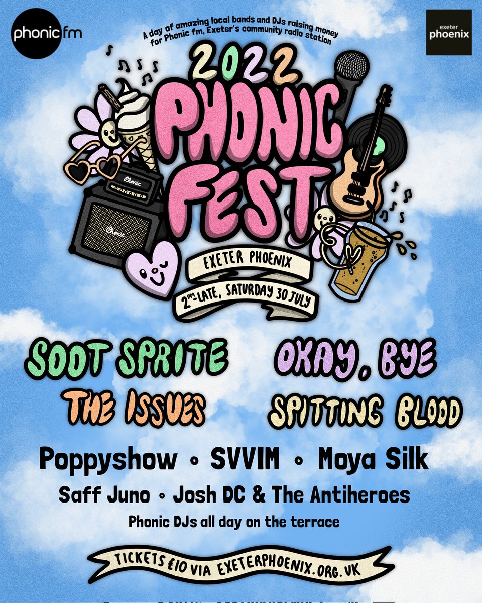 Phonic Fest is in ten days! 
🎸 Nine amazing bands
🎧 Phonic DJs all day
📅 2pm till late at Exeter Phoenix

Tickets are £10 and proceeds will raise money for Phonic FM 📻

Tickets:  exeterphoenix.org.uk/events/phonic-…