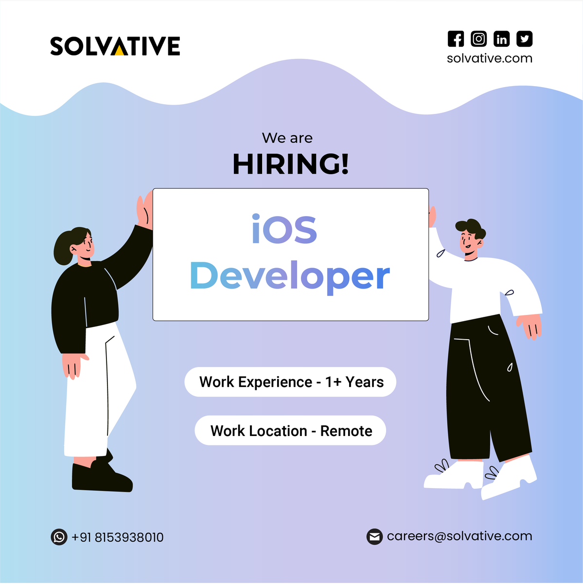 solvative's tweet photo. Solvative is expanding, and we are looking to hire dynamic individuals who are fit to be iOS Developers. If you are ready to be a Solver &amp; deliver unique solutions that can change the world, apply now.

Click here to apply: https://t.co/f4d2x6kJRz

#iosdevelopers #ios #hiring https://t.co/IfOYi3C4wE
