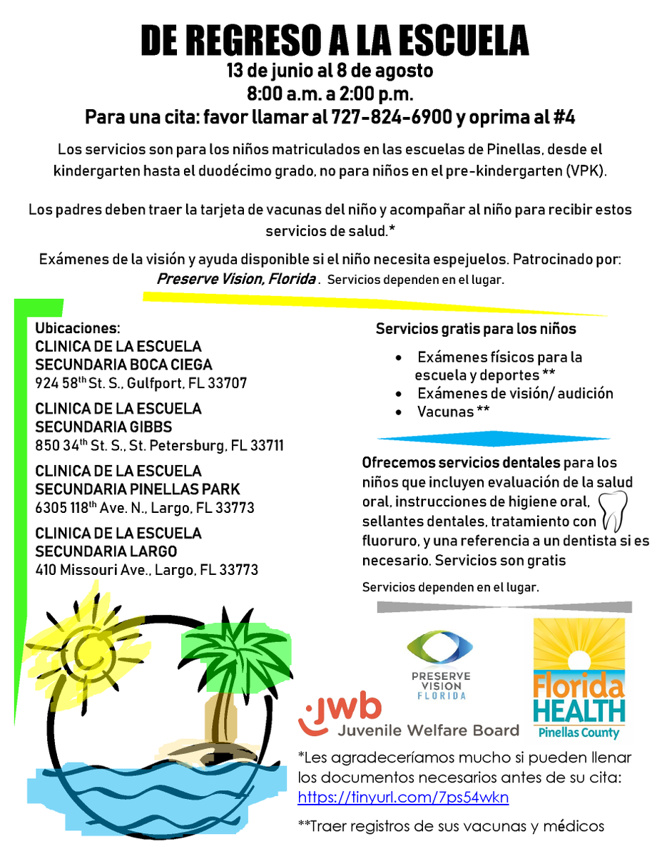 JWBPinellas's tweet photo. It's time to get ahead of #BackToClasses: Make an appointment for your K-12 student's physical exam & vaccines for school or sports at no cost. #BackToSchool Clinics are available 8AM-2PM by appointment until August 10th.
Call 727-824-6900 & press 4 to make your appointment! https://t.co/Z8Zb9JRkJK