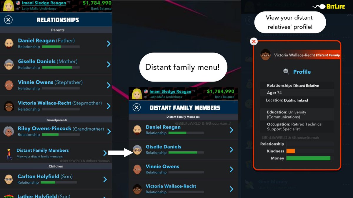 kaiswift13's tweet image. #WRLDCompilation: Genealogy Concept!

Meet your distant relatives and develop great relationships with them!

Encounter them by chance, attend funerals for long-lost relatives... anything can happen!

👀 Tag @BitLifeApp so they notice my content!
⚠️ This is not in-game content!