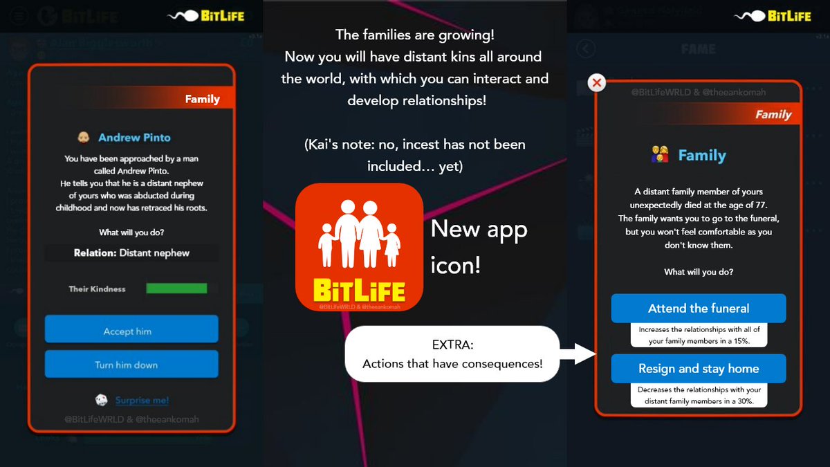 kaiswift13's tweet image. #WRLDCompilation: Genealogy Concept!

Meet your distant relatives and develop great relationships with them!

Encounter them by chance, attend funerals for long-lost relatives... anything can happen!

👀 Tag @BitLifeApp so they notice my content!
⚠️ This is not in-game content!