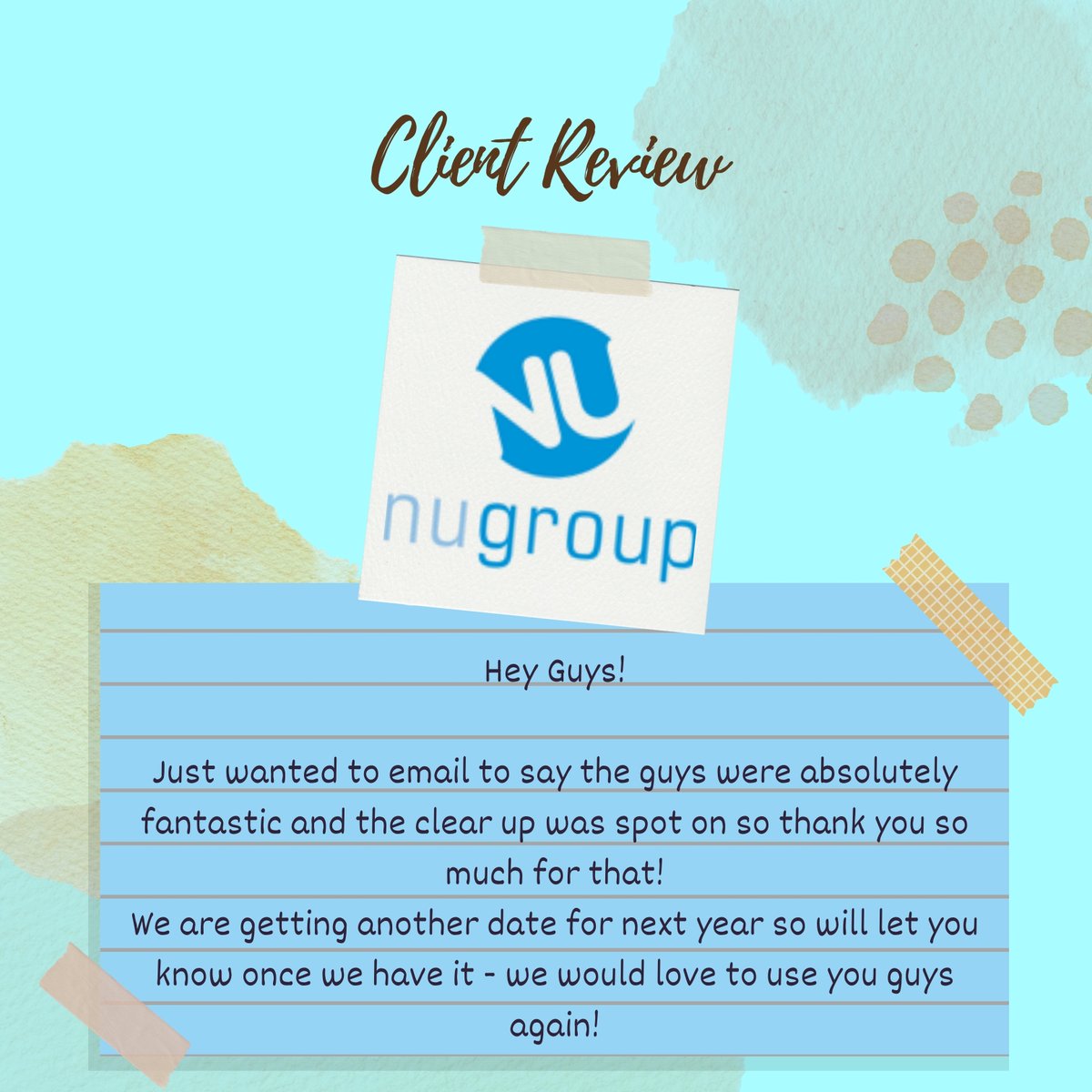 NuGroupServices's tweet photo. #WorkingHardWednesday
We received a great client review this week to acknowledge the hard work that our team is carrying out!
Our team are always going the extra mile to make sure that our #clients and their events are well looked after and #happy.
#Review https://t.co/7PgCaHgvTX