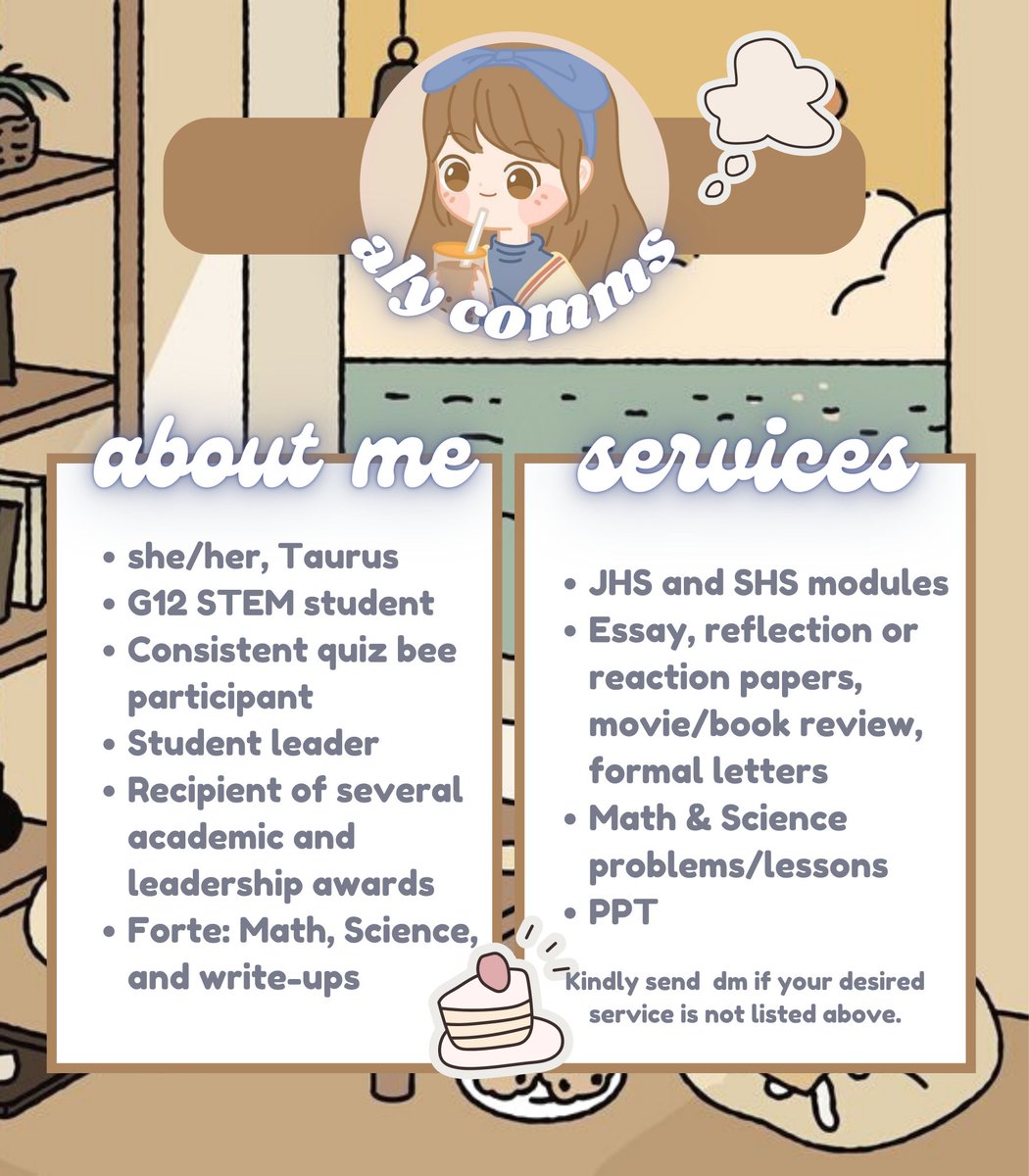 alycomms's tweet photo. Hi, I'm Aly, an academic and a Carrd commissioner, and I'm here to help you with your academic tasks! I offer budget-friendly rates and produce high-quality works. β
Kindly read my commission sheets below to know me more. For inquiries, just send me a dm. π€
ποΈ #commsbyaly https://t.co/7BkR8i5Dsq