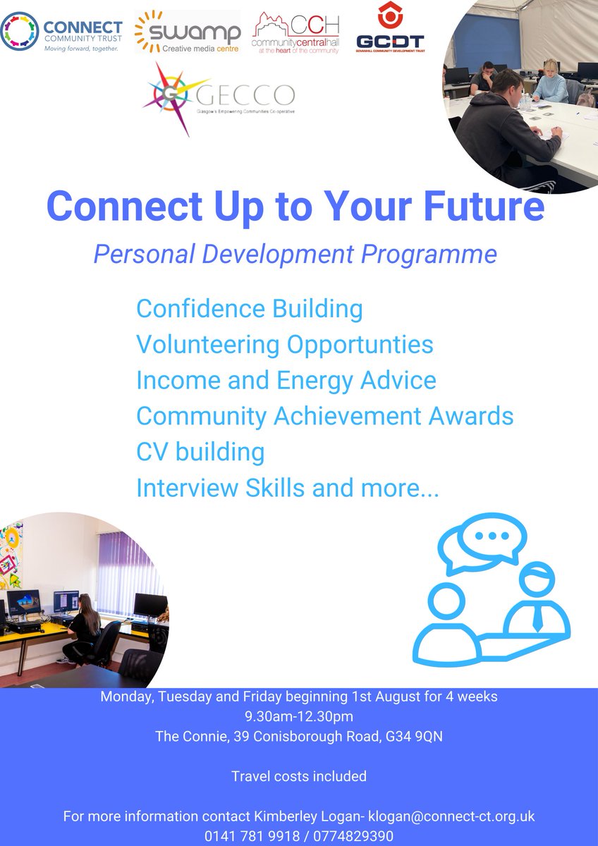Kimberley Logan (@cctkimberley) on Twitter photo Personal development programme starting 1st August for those not in employment or education. Get in touch for more info or to sign up!
Training, certificates and employability support!
Bus travel costs covered π
<a href="/GECCoSCOT/">GECCo</a> <a href="/CCTshannon/">shannon scott</a>
<a href="/CCHGlasgow/">Community Central Halls</a> <a href="/TrustConnect/">Connect Community Trust</a> <a href="/SWAMP_Glasgow/">SWAMP Community Development Trust</a> Personal development programme starting 1st August for those not in employment or education. Get in touch for more info or to sign up!
Training, certificates and employability support!
Bus travel costs covered π
<a href="/GECCoSCOT/">GECCo</a> <a href="/CCTshannon/">shannon scott</a>
<a href="/CCHGlasgow/">Community Central Halls</a> <a href="/TrustConnect/">Connect Community Trust</a> <a href="/SWAMP_Glasgow/">SWAMP Community Development Trust</a>