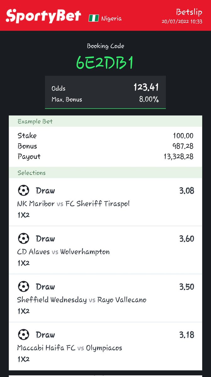 4/4 FT X - 123 odds 
SPORTY CODE: 6E2DB1
Play | Edit | Ignore 

RT: @hermperor @TipsGuru6 @Ada_Daddyya @Niklausjnr1 @HolyOdds @odds_hive @HushKingBet @punt2win10 @Jayrole17 @DreyBossTips @Gift__Tips @fierceliontips @Prince_Dayveed