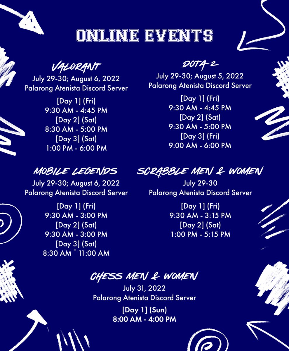 addusamahan's tweet photo. Ateneans, it's about time to get #BackInTheGame! 🏃🏻‍♂️🏃🏻‍♀️

The official schedule of the Palaro Games is now available! Detailed information on each game can be found below.

Which team do you think will end up victorious? 🤩

#PalarongAtenista2022🏆 https://t.co/JfHj7A2Khn