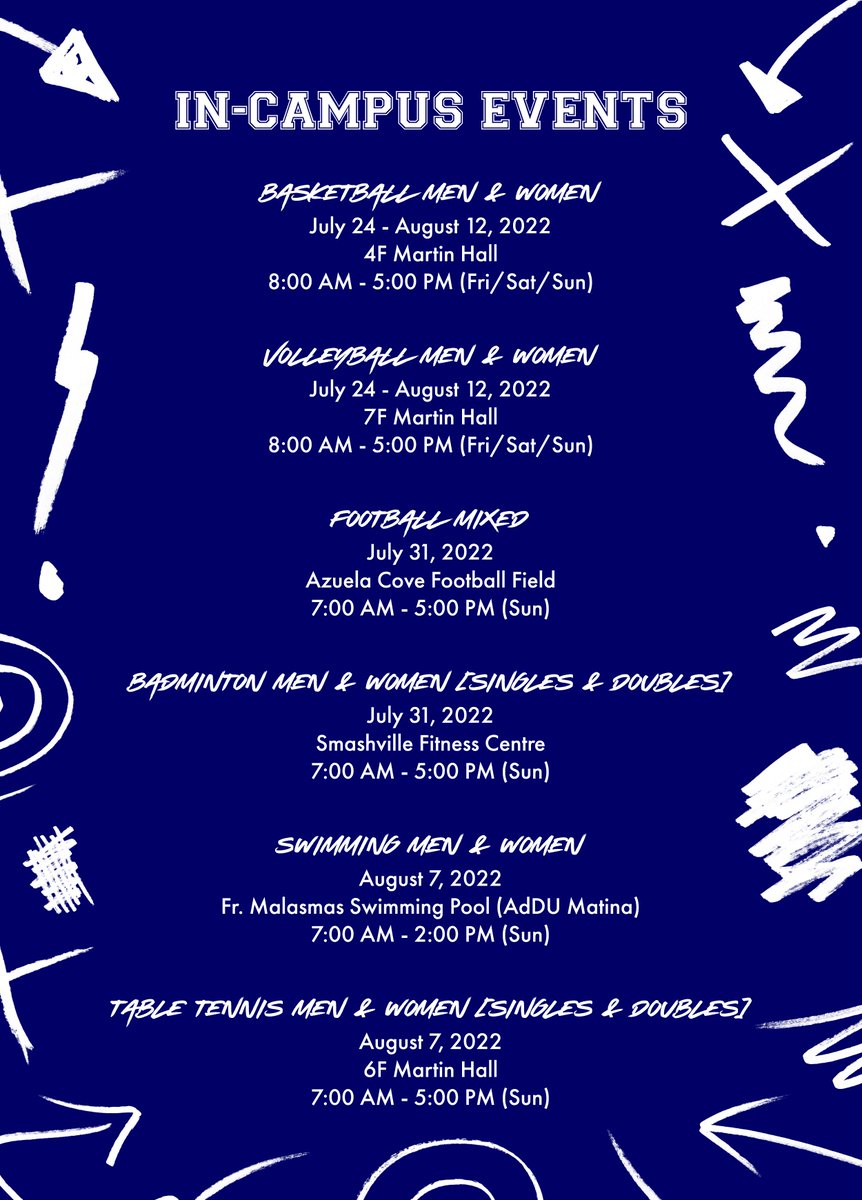 addusamahan's tweet photo. Ateneans, it's about time to get #BackInTheGame! 🏃🏻‍♂️🏃🏻‍♀️

The official schedule of the Palaro Games is now available! Detailed information on each game can be found below.

Which team do you think will end up victorious? 🤩

#PalarongAtenista2022🏆 https://t.co/JfHj7A2Khn