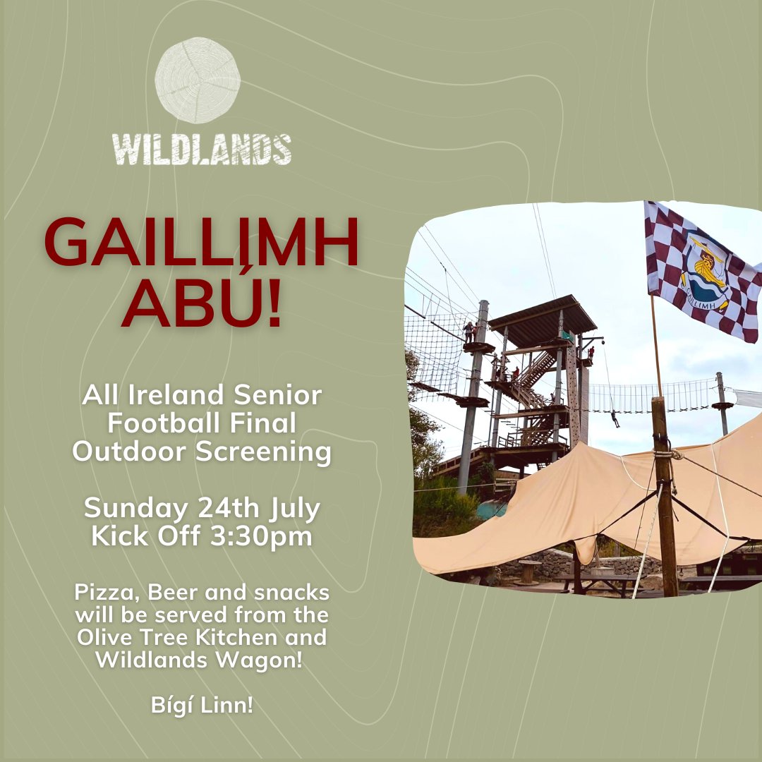 We’ll be hosting an outdoor screening of @Galway_GAA v @Kerry_Official this Sun 24th July! We’ll be serving up pizza from the Olive Tree Kitchen as well as cold beers, drinks @fixxcoffee and snacks from the Wildlands Wagon all day long! Bígí Linn💚#GaillimhAbú