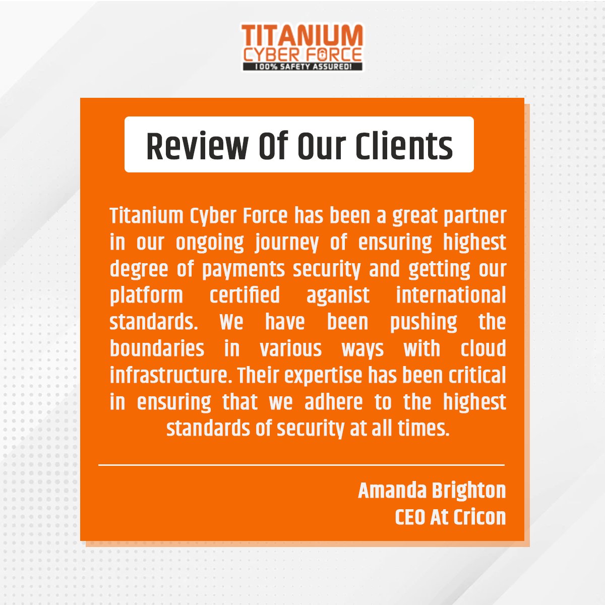 CyberTitanium's tweet image. We have many satisfied clients, and we work hard to ensure that each one is happy.

Contact us at - titaniumcyberforce.com

#reviewsmatter #Feedbacktime #feedbackcustomer #customers #clientsfirst #marketingtips #USA #America #AmericaFirst #unitedstates #USAToday