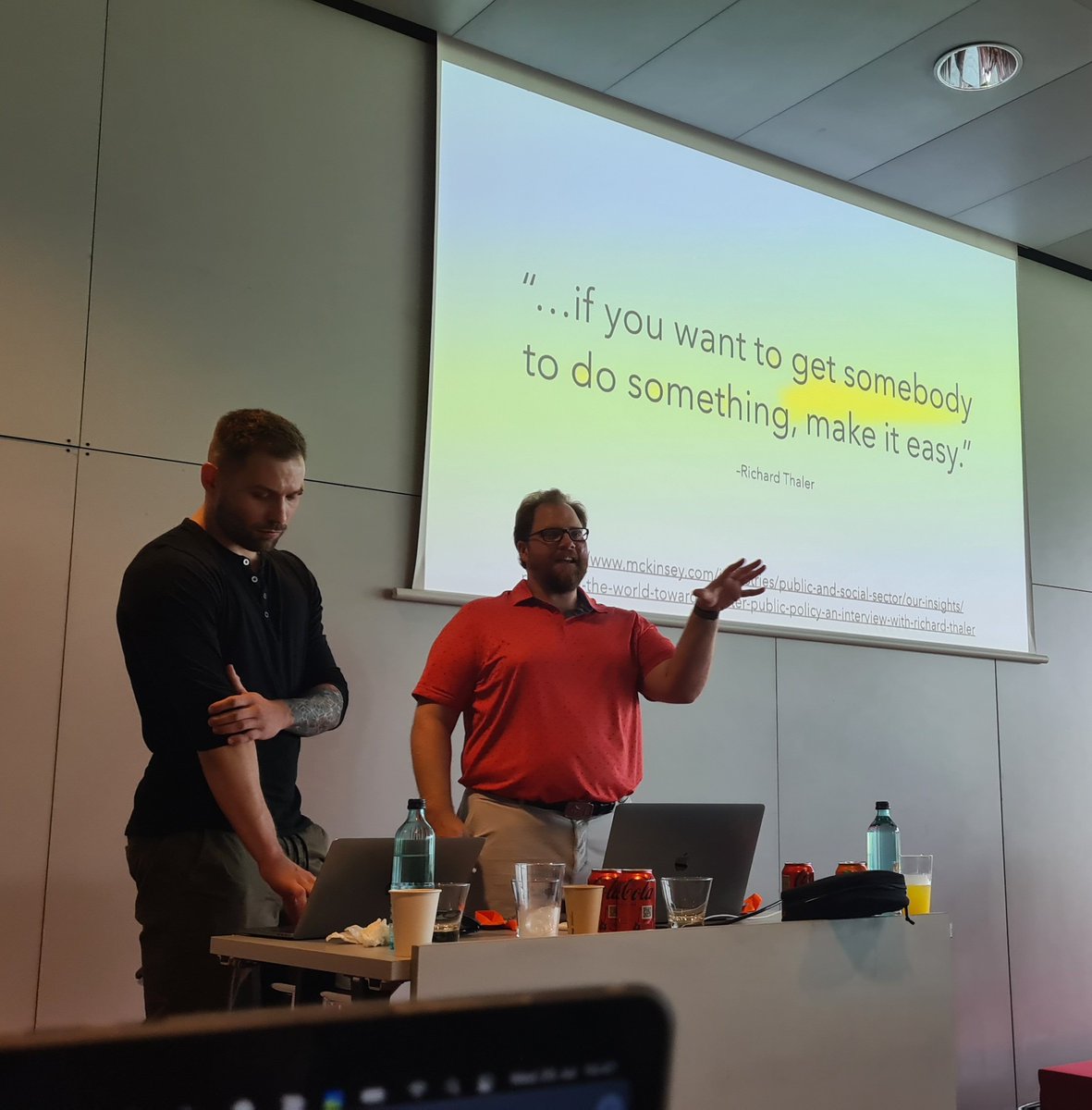 LaylaCodesIt's tweet photo. Front row view of @ntschutta and @JakubPilimon giving their workshop at #jbcn22 #JBCNconf after a dramatic and bloody start!

"... if you want to get somebody to do something, make it easy" https://t.co/MQNVNsysjt
