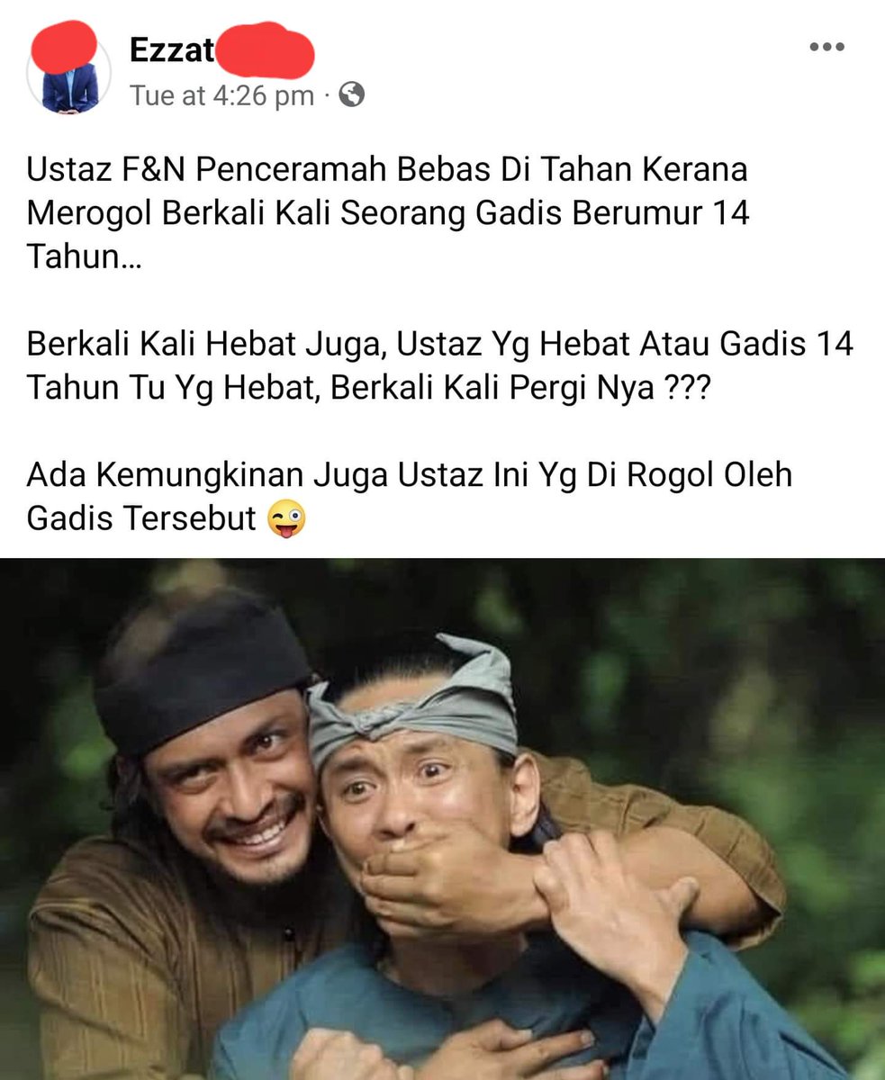 saifulnizam769's tweet photo. Benda boleh ambil iktibar tp dia pilih buat lawak takde sensitiviti. Chairman kem tahfiz? Lagi sorang lelaki dewasa Melayu muslim yg tak sedar natijah lawak bebal yg dibuat.

Gadis tu bwh umur &amp; mangsa! Lelaki ni rasa kelakar kalau kena pd anak perempuan dia agaknya? https://t.co/gKBX53Pe9z