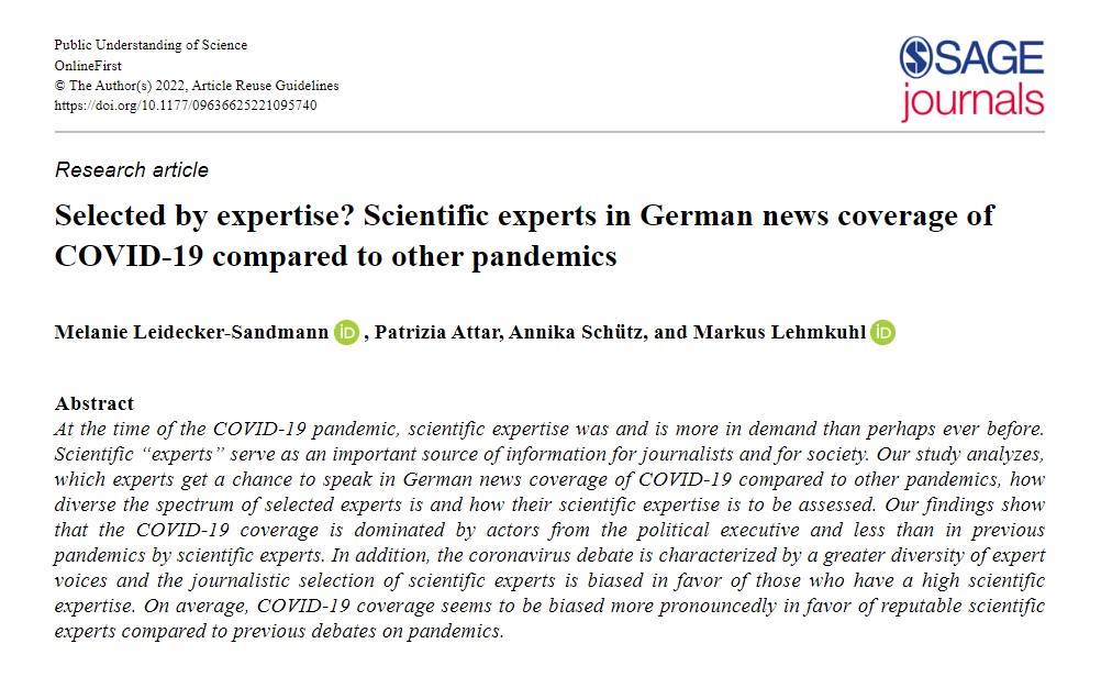 Selected by expertise? Scientific experts in German news coverage of #COVID19 compared to other pandemics
By <a href="/MLSandmann/">Melanie Leidecker-Sandmann</a>, M. Lehmkuhl &amp; <a href="/WMKstudium/">Wissenschaft - Medien - Kommunikation (WMK)</a> students

-free EPUB view- #scicomm #wisscomm
journals.sagepub.com/doi/full/10.11…