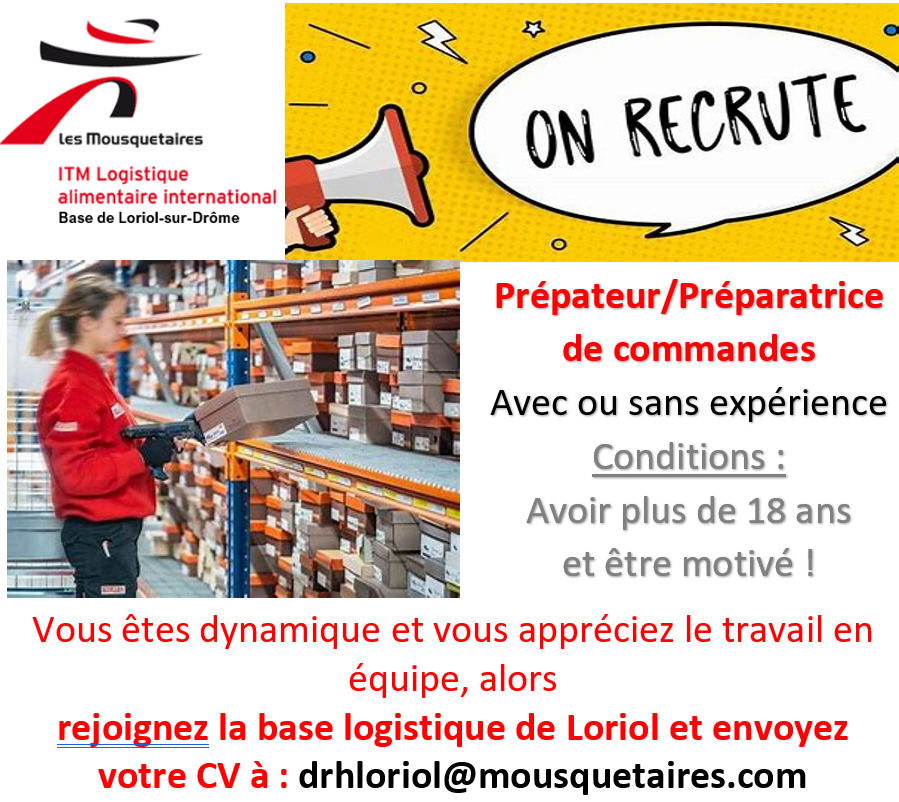 mlatv_'s tweet photo. [OFFRE D'EMPLOI] 📢

La base logistique d'Intermarché Loriol recrute des préparateurs/préparatrices de commandes !  

Pré-requis : Être majeur et motivé ! 
Envoyez votre CV à drhloriol@mousquetaires.com 

#jobdete #emploi #recrutement #intermarché #mlatv #loriol #drome https://t.co/IDJrfi1V0t