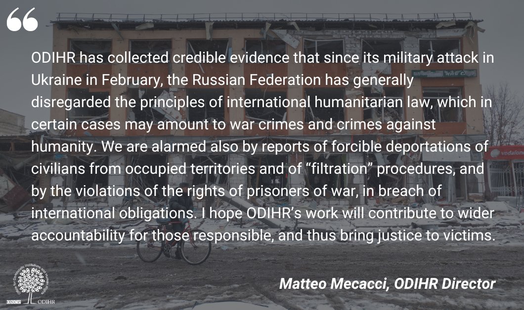📢5 months after the military attack in #Ukraine by the Russian Federation, ODIHR releases the initial findings of its #HumanRights monitoring of the conflict, revealing credible evidence of violations of international law. Find out more ⏩ bit.ly/3yMlc2M  #IHL