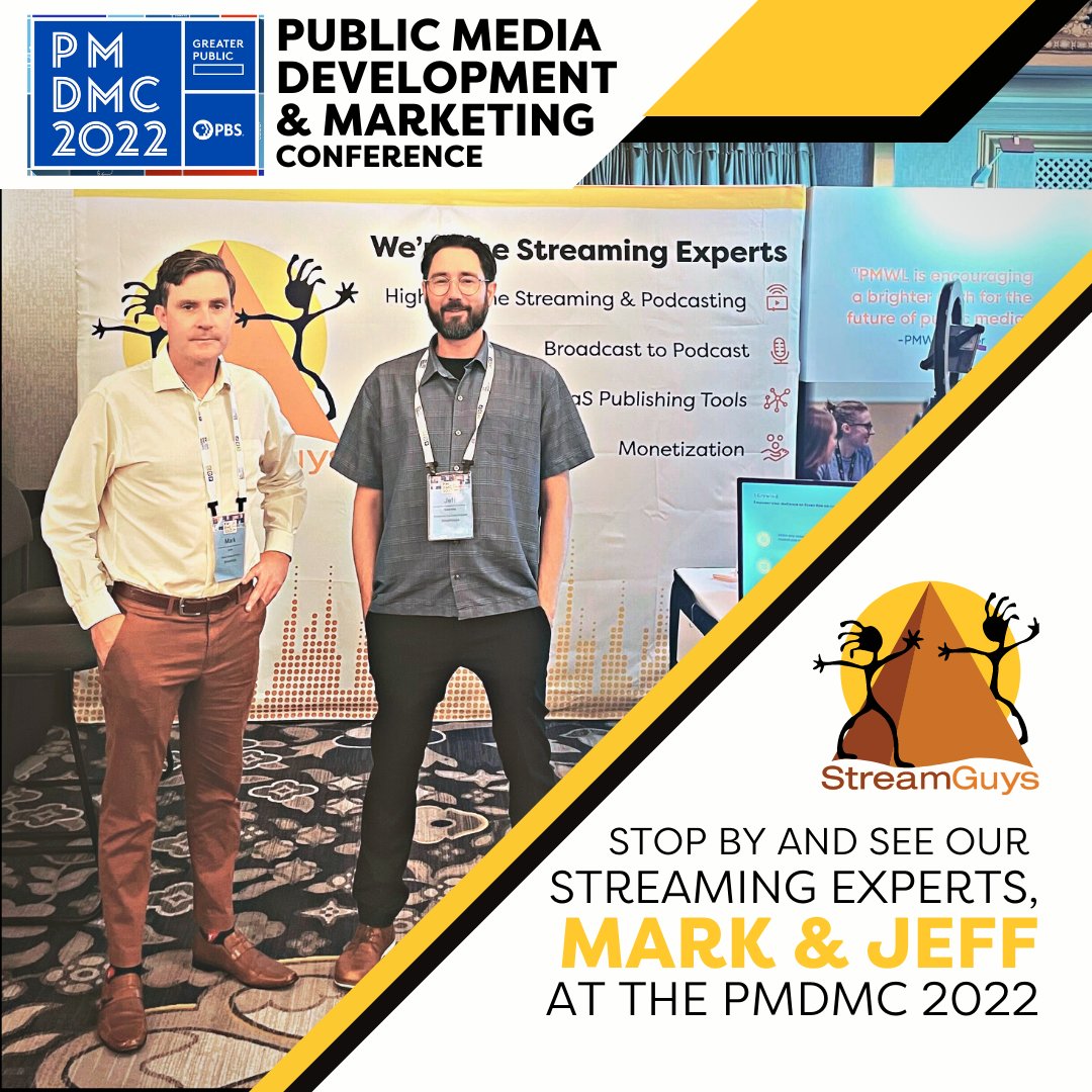 StreamGuys's tweet photo. StreamGuys is in Chicago for the 2022 Public Media Development &amp; Marketing Conference ( #PMDMC ). Stop by and say "hi" to our streaming experts, Mark and Jeff! 
https://t.co/673MaJRFDO

#streaming #broadcasting #media #publicmedia #marketing #PMDMC2022 @PBS @GreaterPublic https://t.co/ak5NIoMIiv