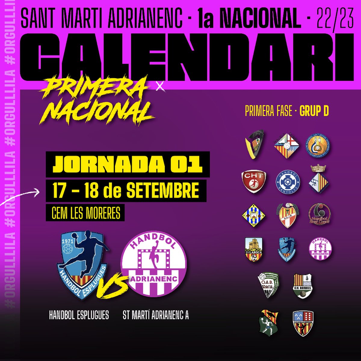 SAdrianenc's tweet photo. CALENDARI 22/23 I 1a Nacional💪
Fa uns dies es va publicar el Calendari de partits de 1a Nacional per la temporada 22/23. El 17/18 de setembre comença la lliga contra l'Esplugues a casa seva.

Ganes de començar!!! 💜💪🔥
.
#ASMETUYO
#OrgullLila
#ASMEFAVA
#1aNacional💜
#sadrianenc https://t.co/cX19CNof87