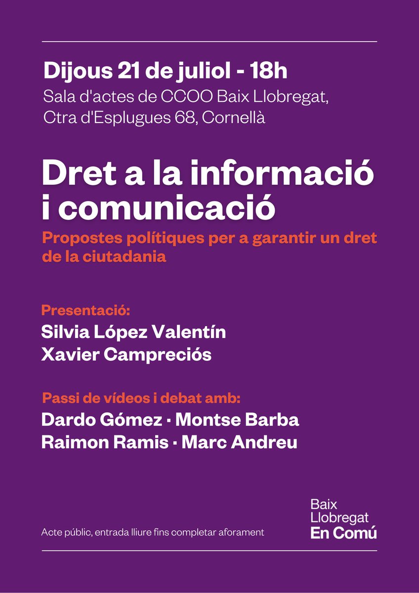 ❌ García #Ferreras i Eduardo #Inda segurament no vindran... i tu⁉️

🎙️ Demà a #Cornellà debatrem sobre com garantir el nostre dret a la informació amb experts i amb propostes concretes

🙌 Vine i participa!

#EnComú #BaixLlobregat #Informació #Comunicació #Drets