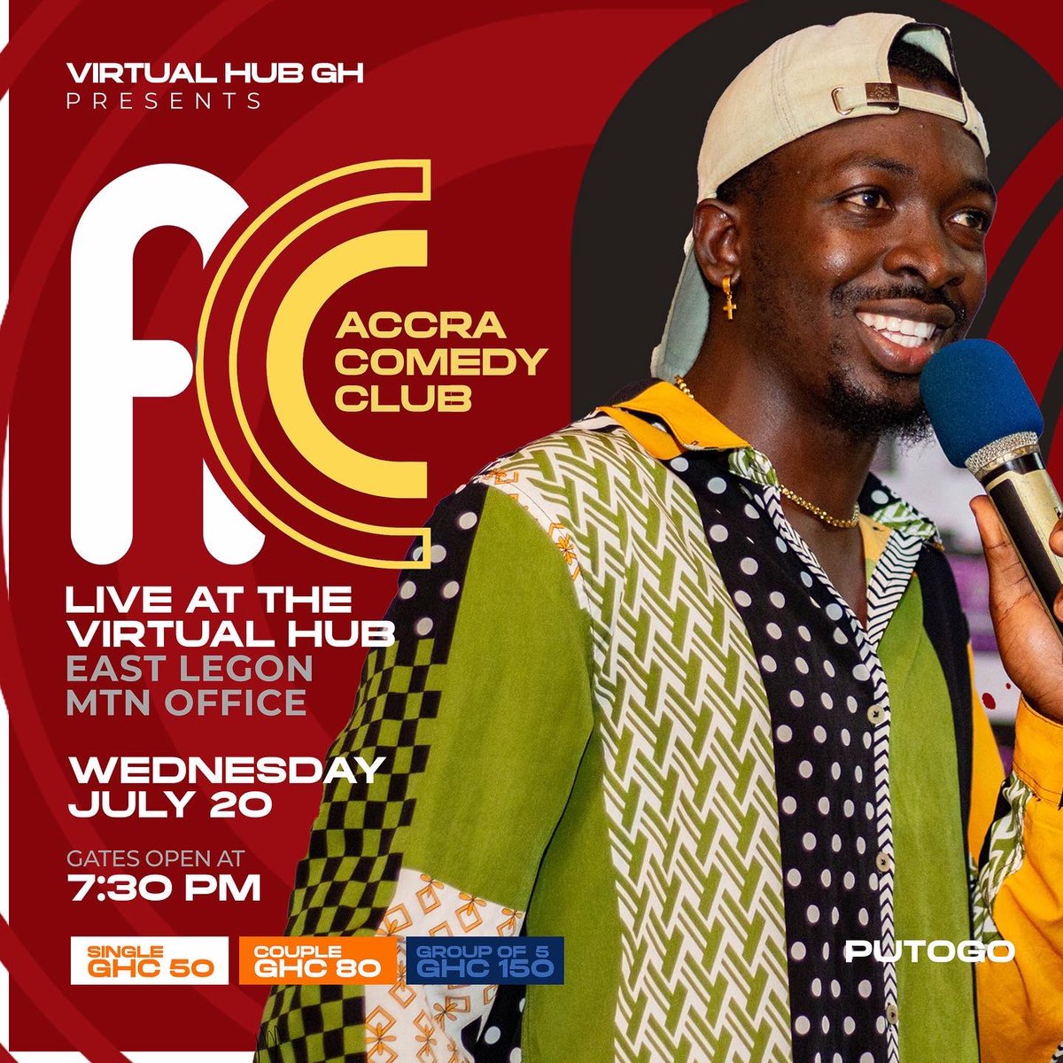AccraComedy's tweet photo. The @accracomedy club show is today live @virtualhubgh come see @Id_JamesBrown @AugustinDennis_ @mowsis_putogo and @lawyernti as they entertain with humor. E-Levy (Entertainment Levy) will be charged 😎 #comedy 🤣 #ghcomedy 🇬🇭 #accra #ghana #accranightlife https://t.co/5QVUaIDSBD