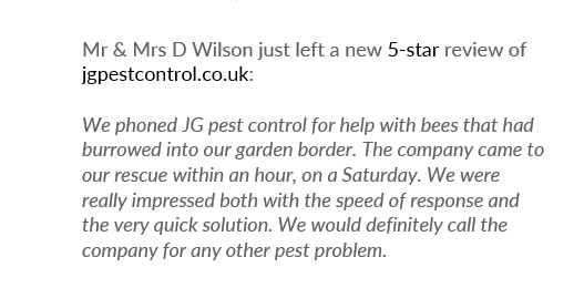 JG Pest Control (@jgpest) on Twitter photo "We were really impressed both with the speed of response and the very quick solution. We would definitely call the company for any other pest problem."
We hear this kind of feedback every day 🙌👍
<a href="/Trustpilot/">Trustpilot</a> ⭐️⭐️⭐️⭐️⭐️ review on the board! "We were really impressed both with the speed of response and the very quick solution. We would definitely call the company for any other pest problem."
We hear this kind of feedback every day 🙌👍
<a href="/Trustpilot/">Trustpilot</a> ⭐️⭐️⭐️⭐️⭐️ review on the board!