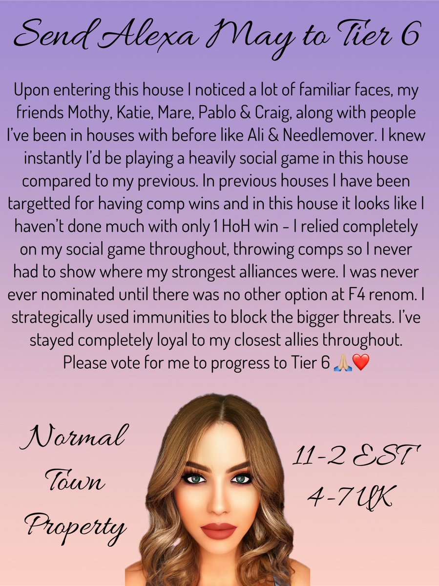 alexheasman17's tweet photo. I have my T5 vote later on today and would really appreciate the support ❤️ this is my 3rd time in T5 and had to change my strategy completely, I love the other two but please save me 🙏🏼 https://t.co/9tGmD2eKZk