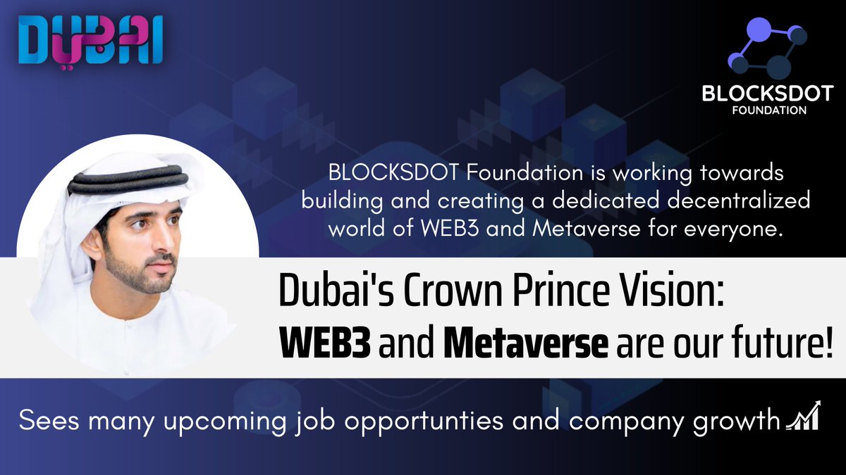 BlocksdotF's tweet photo. Dubai's Crown Prince Vision: WEB3 and Metaverse are our future!
BLOCKSDOT Foundation is working towards building and creating a dedicated decentralized world of WEB3 and Metaverse for everyone.
#BlocksDot #web3 #blockchain #internet #DEX #Swap #Dubai #Metaverse https://t.co/9LW9XX033l