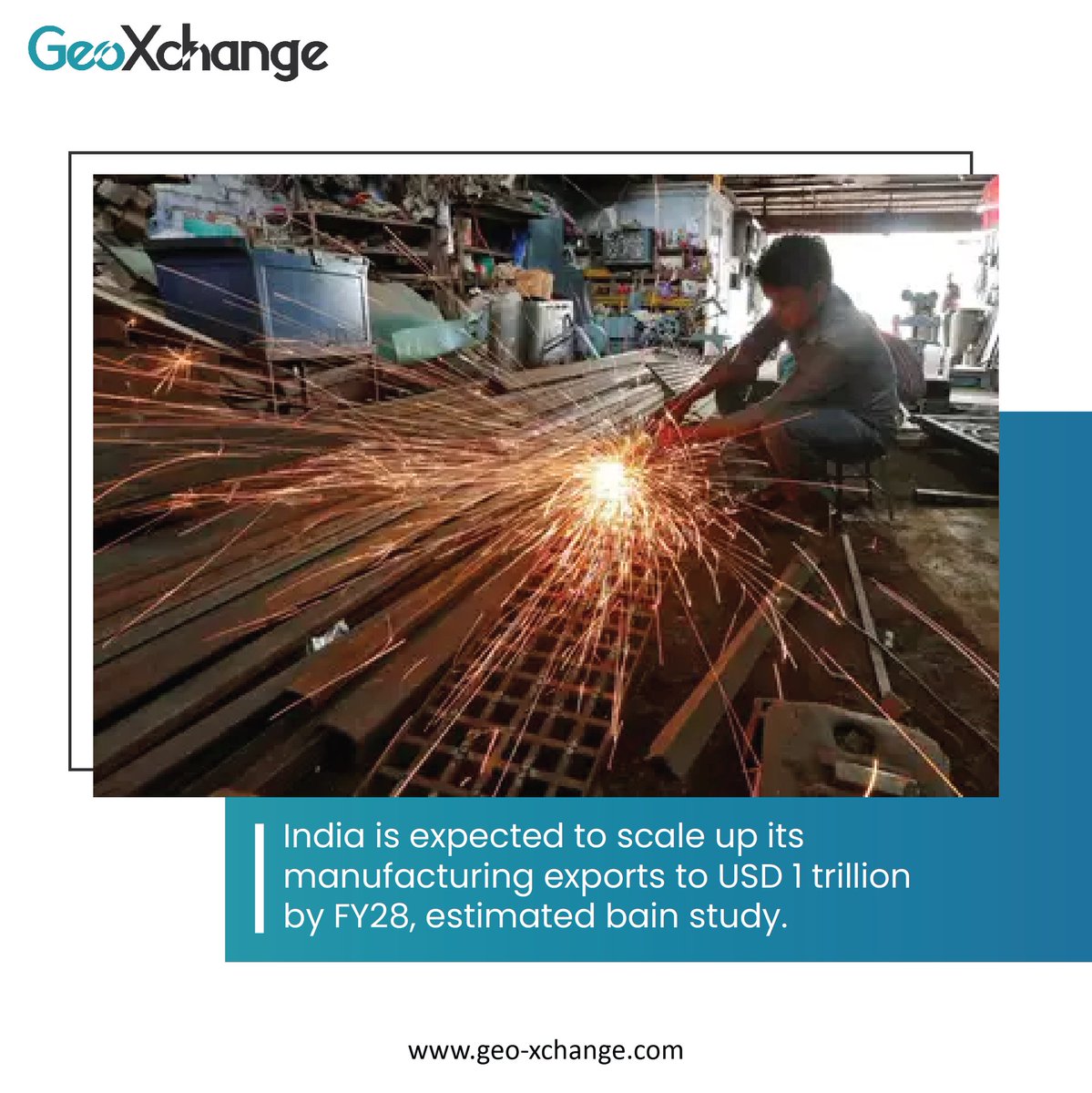 geoxchange's tweet photo. According to Bain &amp; Company report ‘The Trillion-Dollar Manufacturing Exports Opportunity for India’, India's manufacturing exports is expected to achieve USD 1 trillion by FY 2028.
@BainAlerts 
@MORTHIndia 
#geoxchange #manufacturing #exports #MakeInIndia https://t.co/1ycBnEGLLl