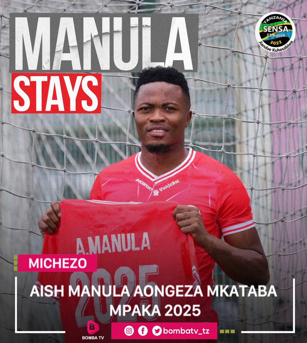 Bombatv_tz's tweet photo. Aish Manula Goli kipa wa klabu ya @SimbaSCTanzania ameongeza mkataba wa miaka mitatu kuendelea kuitumikia klabu hiyo mpaka mwaka 2025.
#nguvumoja #returnofchampions #simbasc #simbascfans #maulidikitenge #millardayobreaking #yangasc #manula #habari #michezo #eastafricaradio #itvtz https://t.co/LymEqDABk5