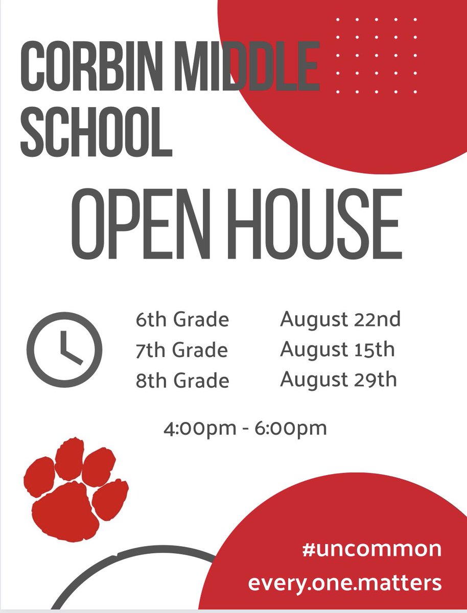 We invite all of our <a href="/CMSredhounds/">Corbin Middle School</a> to join us at Open House for their grade level! We can’t wait to 👀 you at 🏫! #welcomewednesday #everyonematters #backtoschool