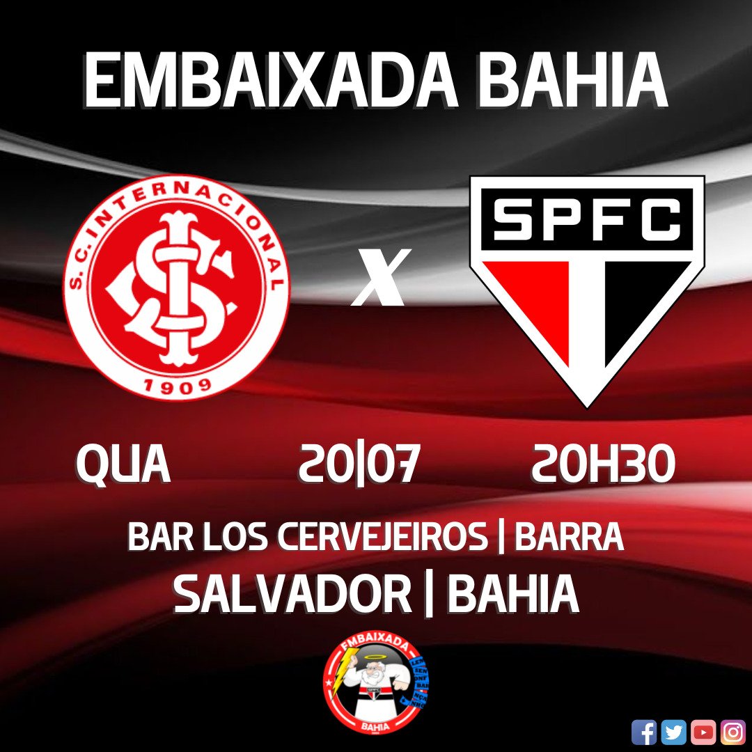 EmbaixadaBA's tweet photo. Inter x SÃO PAULO FC
Embaixada São Paulinos Bahia
Quarta-feira (20/07), 20:30
Local: Bar Los Cervejeiros - Rua Marquês de Caravelas, 358 - Barra
Salvador - Bahia
#EmbaixadaBA #saopaulofc #spfc #tricolor https://t.co/0fJ80j32iY