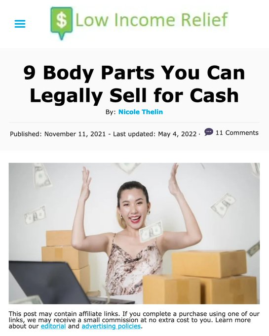 "9 partes del cuerpo que puedes vender legalmente por dinero". Sería un título muy largo para una novela negra escandinava, si no fuera porque forma parte de un artículo dirigido a personas con rentas bajas.