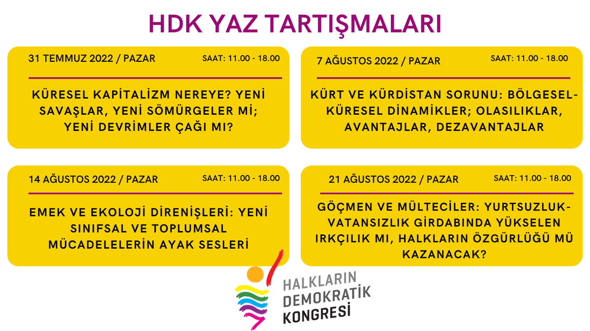 HDK_KONGRE's tweet photo. Farklı toplumsal ve politik konu başlıklarıyla "HDK Yaz Tartışmaları" panel-forum etkinlikleri ile bir araya geliyoruz.

Mücadele güçleri ile birlikte düşünmek; teorik-politik, ideolojik ve örgütsel olarak etkileşim zeminimizi güçlendiren etkinliklerimiz 31 Temmuz'da başlıyor. https://t.co/p5r0Q0J3VT