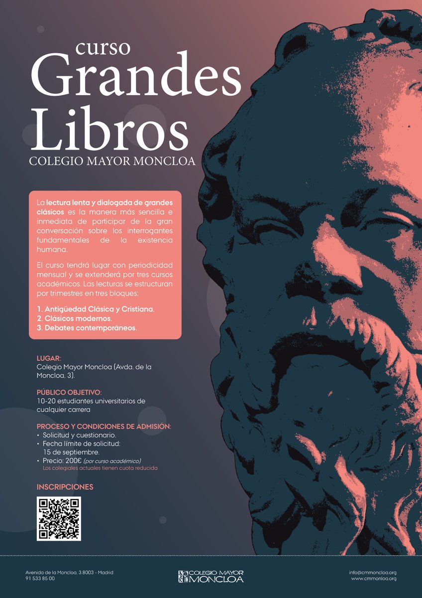 Anunciamos el lanzamiento del Curso de Grandes Libros para el próximo curso y los siguientes. El curso está abierto a solicitudes de colegiales y de universitarios/as que no tengan vínculo con el Colegio.

Toda la info en este link: cmmoncloa.org/project/curso-…