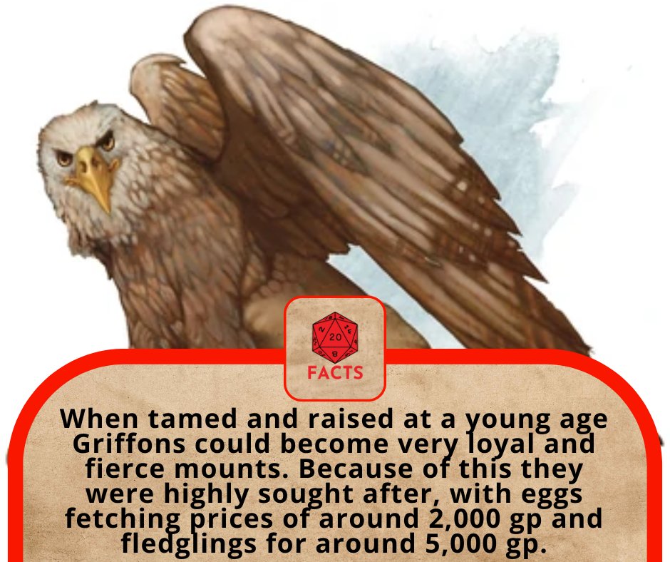 DailyDNDFacts's tweet photo. Anyone ever used a Griffon as a mount? If not the ask your DM for an egg!
#dnd #dnd5e #5e #dungeonsanddragons #dungeonsanddragons5e #fact #dndfact #dndfacts #daily #dailyfact #dailyfacts #mini #dice #criticalrole #funfact #gaming #geek #fantasy #DM #dndmeme #dndmemes #ttrpg https://t.co/2kd2hNUNIo