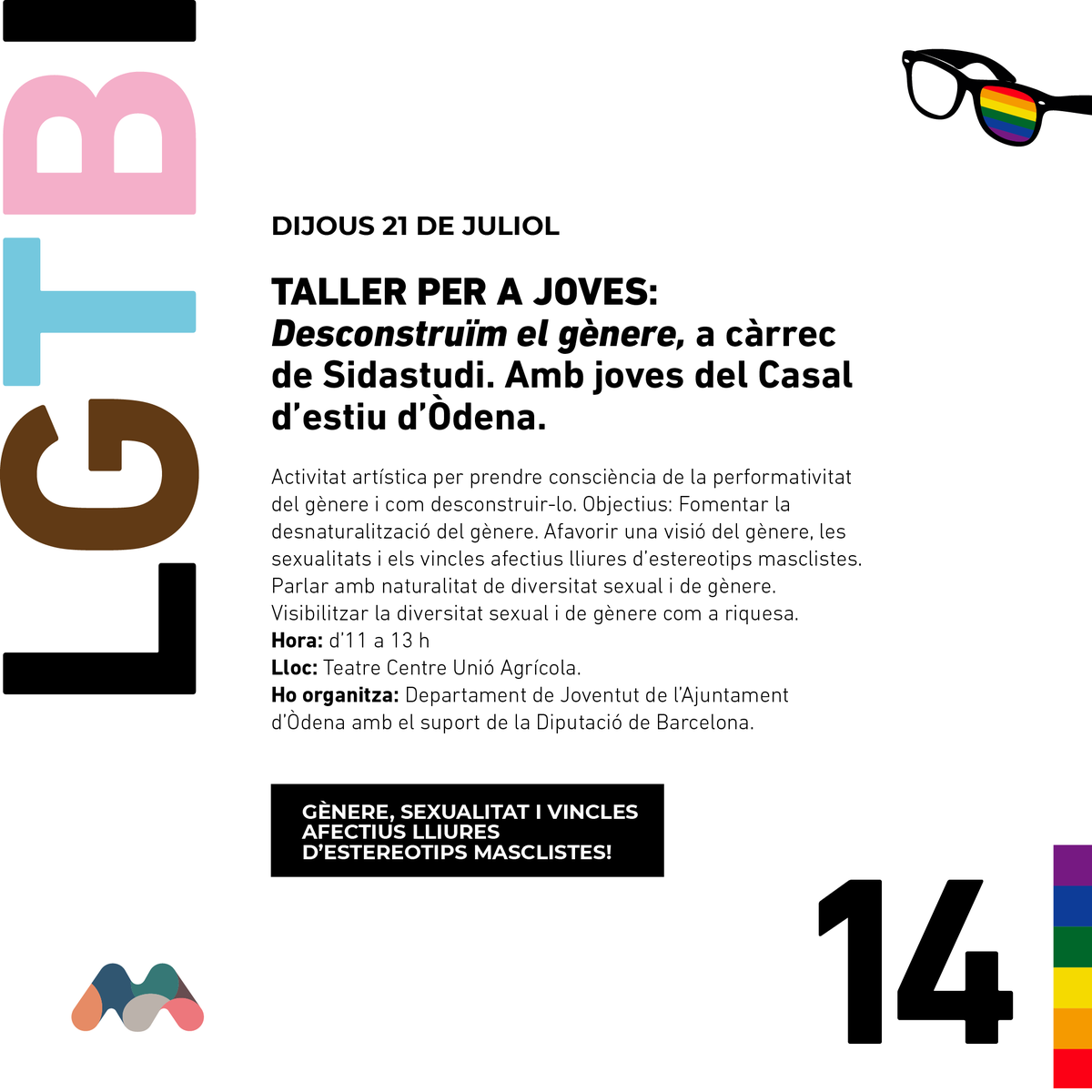 micod_cat's tweet photo. 🌈TALLERS PER A JOVES | Desconstruïm el gènere ⚧️ a través de l'art amb @Sidastudi. 
Diversitat és riquesa💗, trenquem amb els estereotips per uns vincles afectius lliures 🫂
🗓️Dj, 21 de juliol
⌛️d'11h a 13h
📌 Teatre Centre Unió Agrícola (Òdena)
#28J #LGTBIQ #transformalamirada https://t.co/ibjGNKUfuv