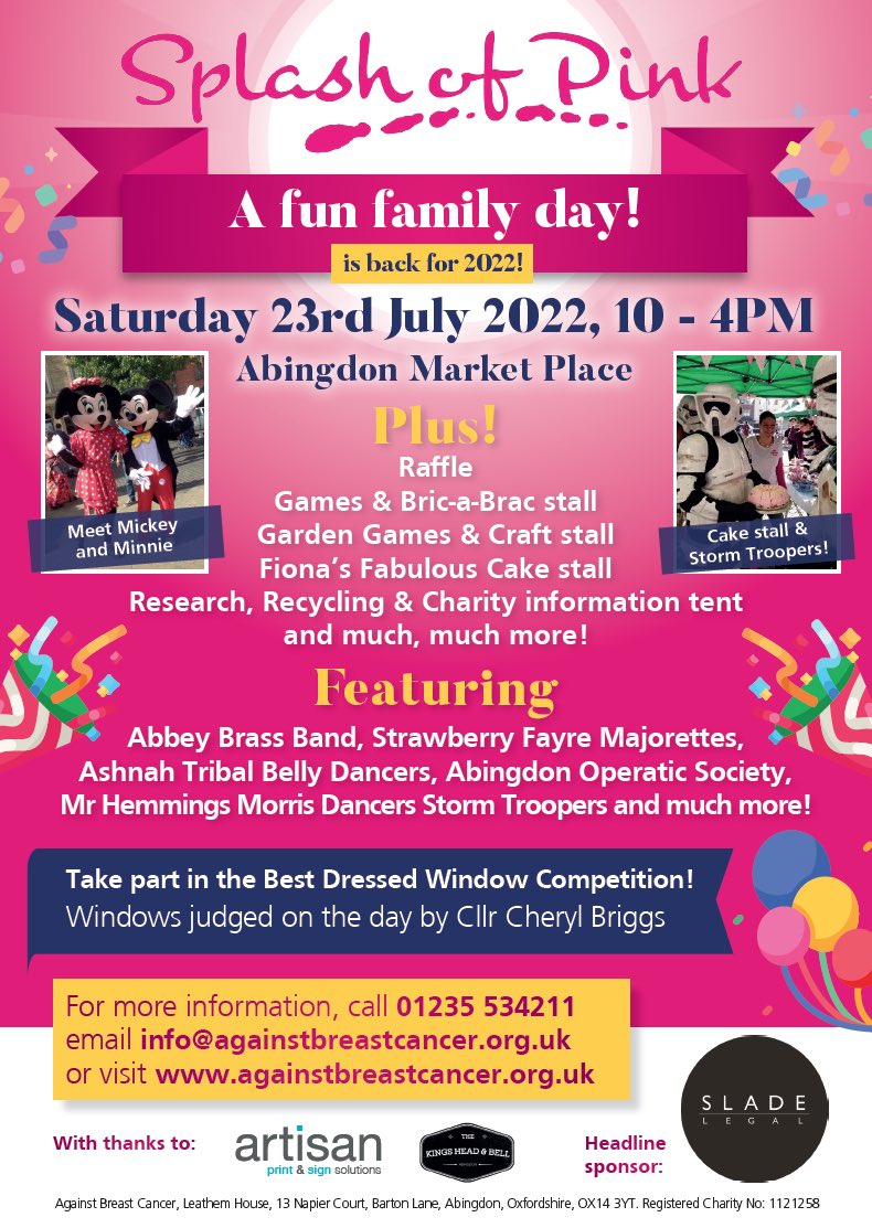 The annual fun family day #SplashofPink to raise funds and awareness for the ground-breaking research undertaken by <a href="/againstbc/">abdulsomedsadat on hackerone here</a>.💕💗💖

The event will take place at the Market Place in Abingdon between 10am and 4pm on Saturday 23rd July 2022.